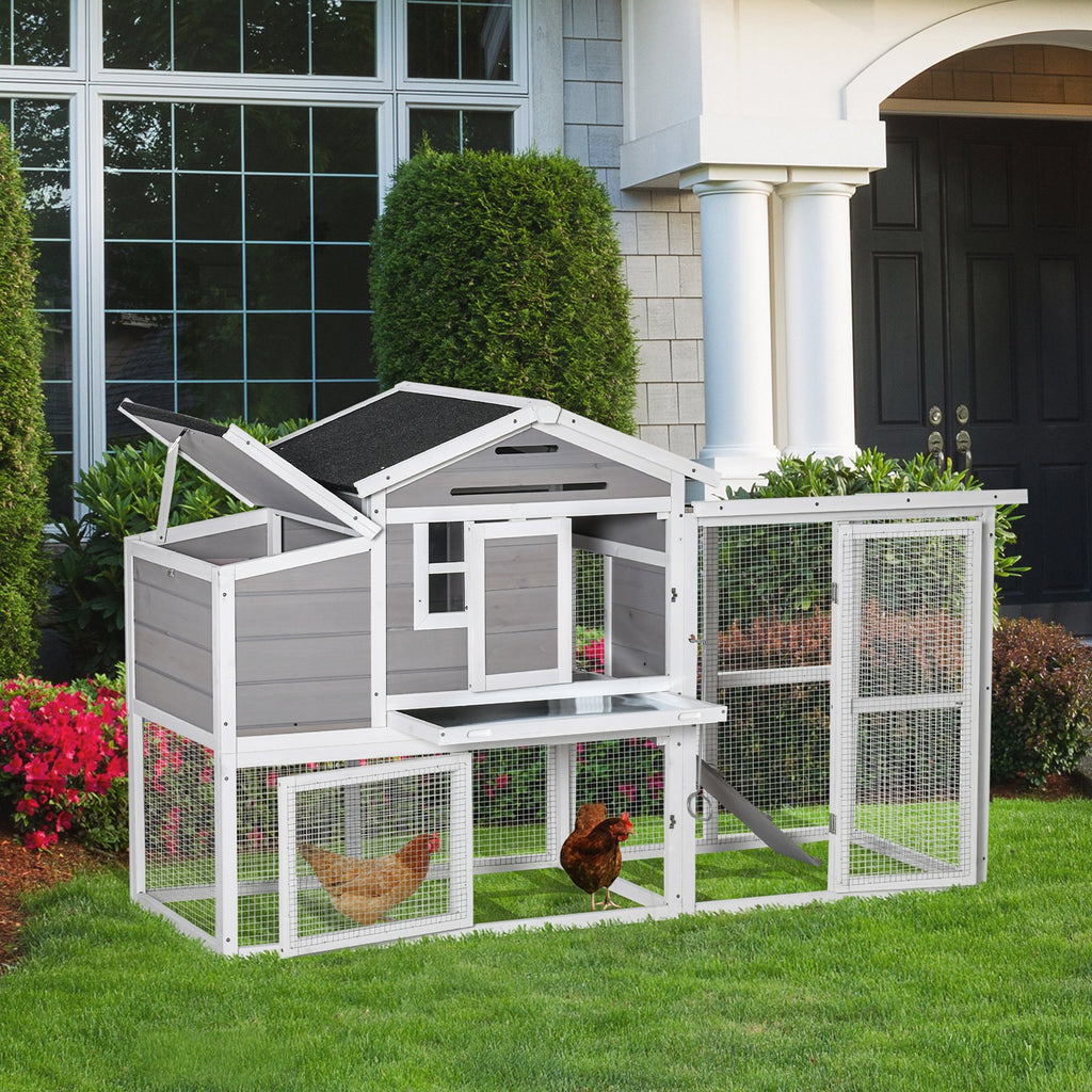 76" Wooden Chicken Coop, Outdoor Hen House Poultry Cage with Outdoor Run, Nesting Box, Removable Tray and Lockable Doors, Grey
