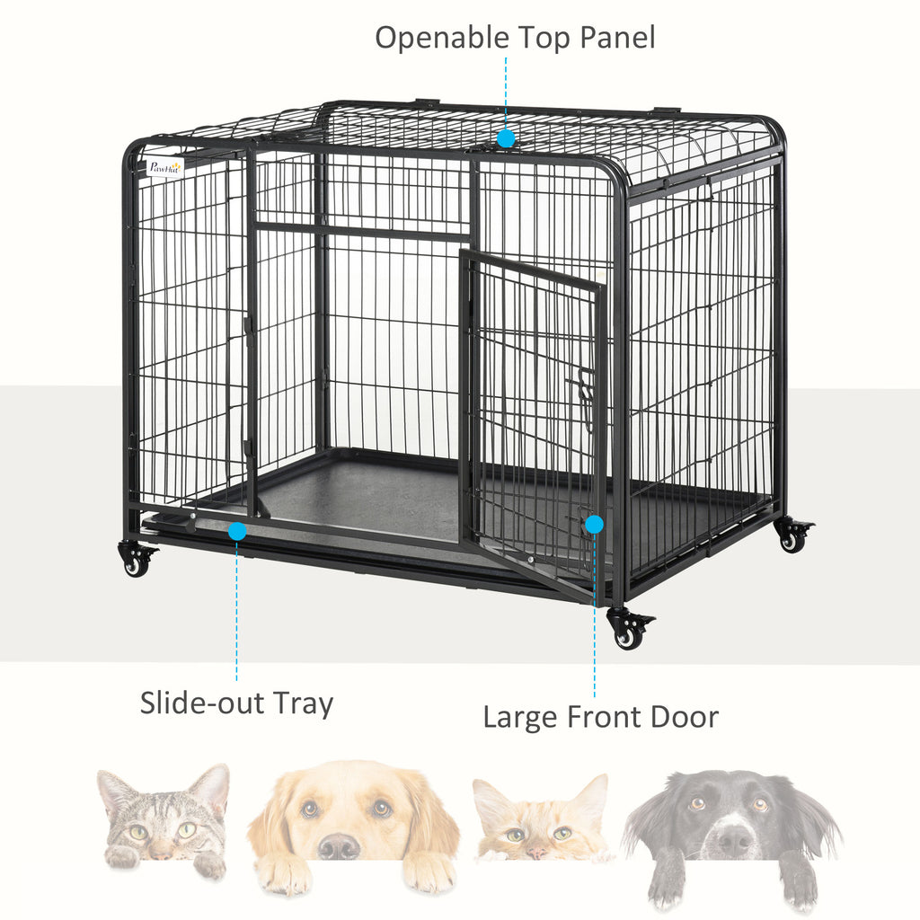 Heavy Duty Metal Dog Crate Pet Cage & Kennel with Removable Tray 4 Wheels & Folding Design Indoor Grey