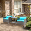 3 Pcs Rattan Wicker Bistro Set with Soft Cushions, Outdoor Coffee Sets with Glass Table and Open Storage Shelf for Patio, Green
