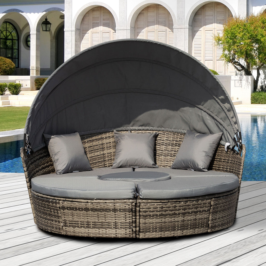 4pc Rattan Patio Furniture Set, Round Convertible Daybed or Sunbed, Adjustable Sun Canopy, Sectional Outdoor Sofa, 2 Chairs, Table, 3 Pillows, PE Plastic Wicker, Dark Gray