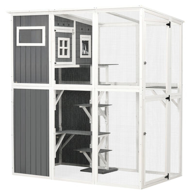 Outdoor Cat House, Walk in Wooden Catio with PVC Weather Protection Roof, Multiple Platforms, Resting Condo, Enter Doors, Observation Window, for 2 Cats