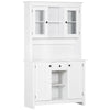 Freestanding Rustic Buffet with Hutch, 4 Door Farmhouse Kitchen Pantry Cabinet, Microwave Stand with Beadboard Panel, Drawer and Adjustable Shelves, White
