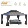 Patio Gazebo 16' x 12' Netting & Curtains, 2 Tier Double Vented Steel Roof, Hardtop, Ceiling Hooks Aluminum Frame for Outdoor, Brown