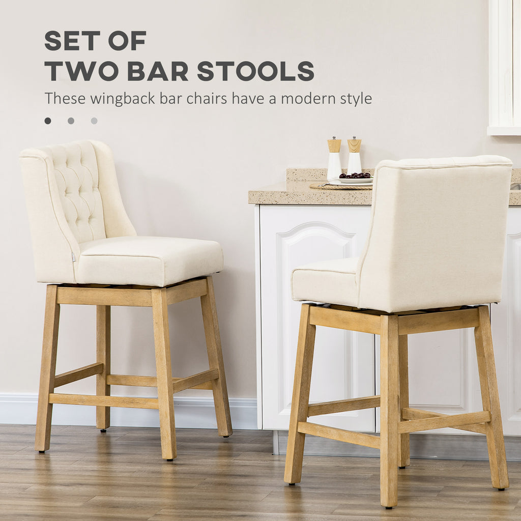 Bar Height Bar Stools Set of 2, 180 Degree Swivel Kitchen Island Stool, 28" Seat Height with Solid Wood Footrests, Button Tufted Design, Beige