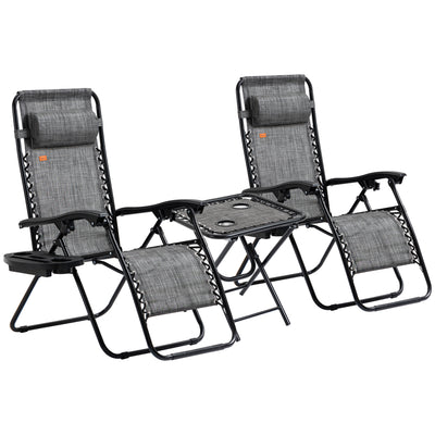 Zero Gravity Lounger Chair Set of 3, Folding Reclining Patio Chair with Side Table, Cup Holder and Headrest for Poolside, Camping, Grey