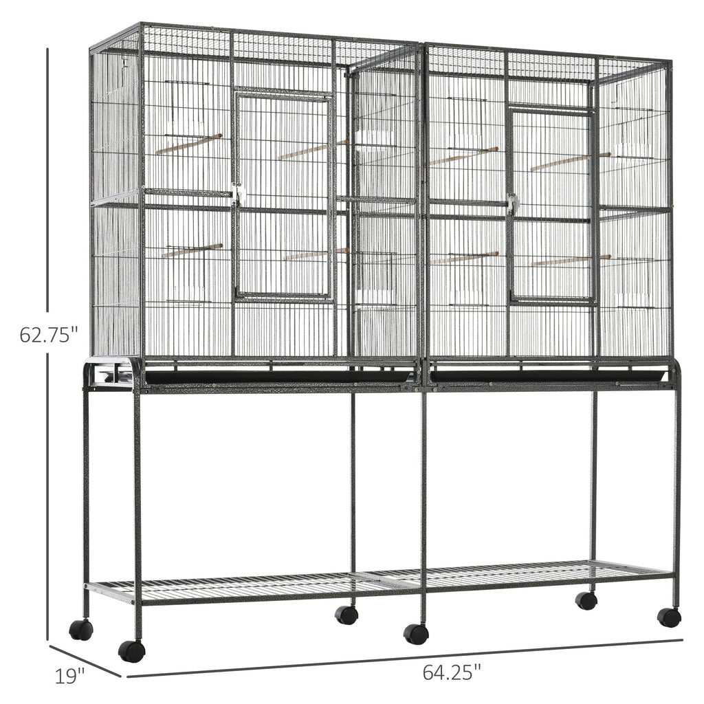 65" Double Rolling Metal Bird Cage Feeder with Detachable Rolling Stand, Storage Shelf, Wood Perch & Food Container