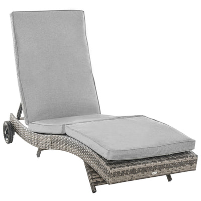 Patio Wicker Cushioned Chaise Lounge Chair, Outdoor PE Rattan Sun lounger w/ 5-Level Adjustable Backrest & 2 Wheels for Easy Movement, Grey