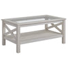 Farmhouse Style Coffee Table with Wood Frame, Tempered Glass Tabletop and Underneath Storage Shelf for Living Room, White Oak
