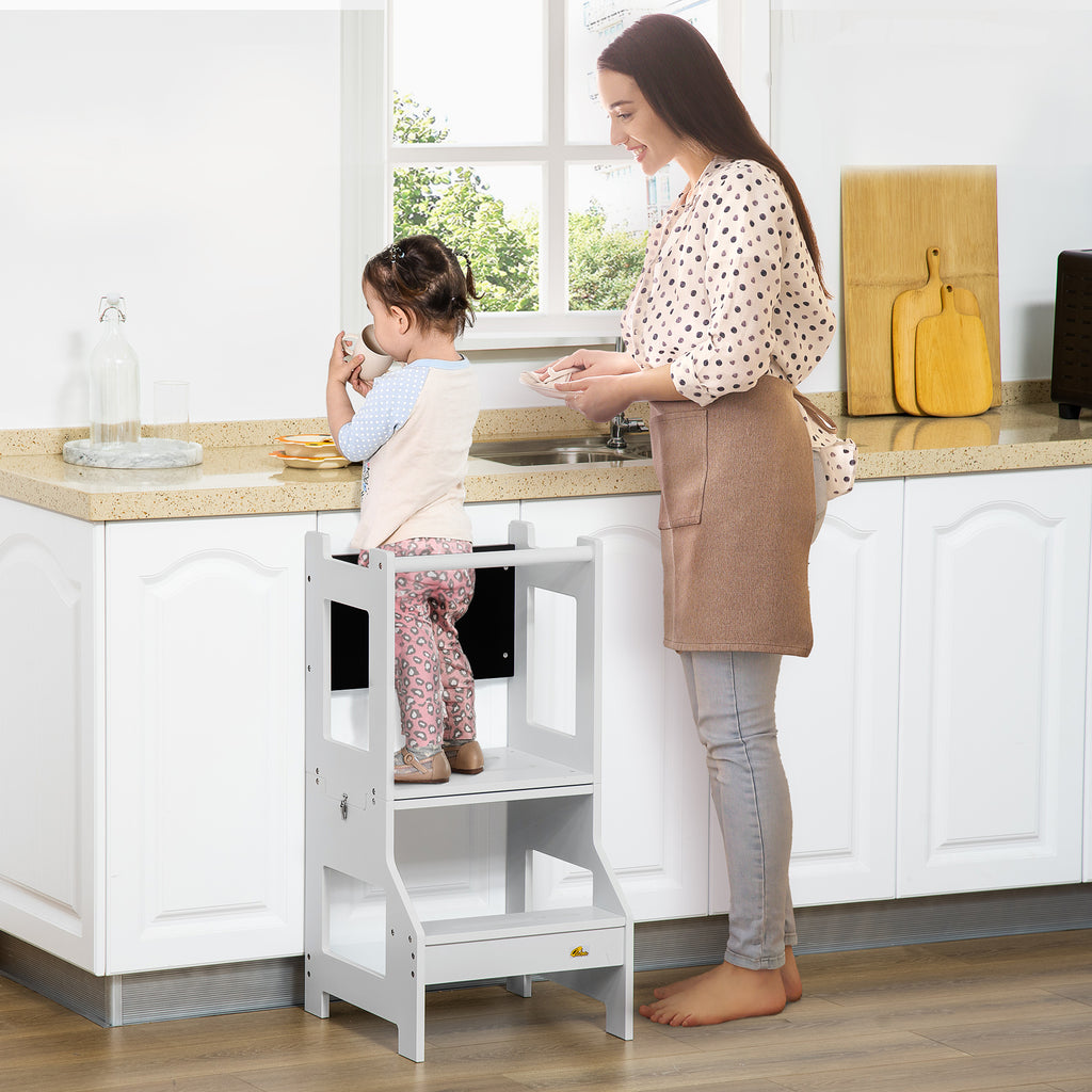 2-in-1 Kids Kitchen Step Stool, Detachable Toddler Table and Chair Set Step Stool with Safety Rail Chalkboard for Kitchen, Bathroom, Grey