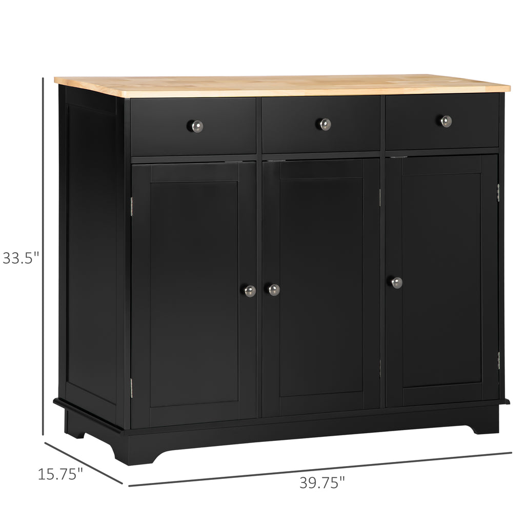Modern Sideboard Buffet with Rubberwood Top, Buffet Cabinet with 3 Drawers, 3 Cabinets and Adjustable Shelves for Kitchen, Buffet Table, Black