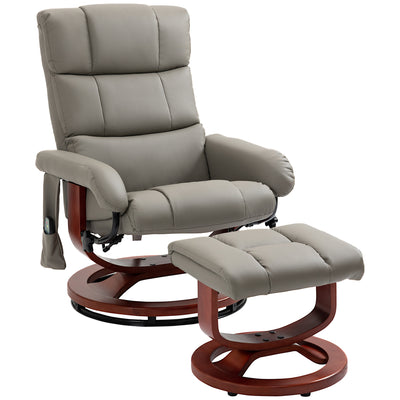 Recliner Chair with Ottoman, Electric Faux Leather Recliner with 10 Vibration Points and 5 Massage Mode, Reclining Chair with Swivel Wood Base, Remote Control and Side Pocket, Grey