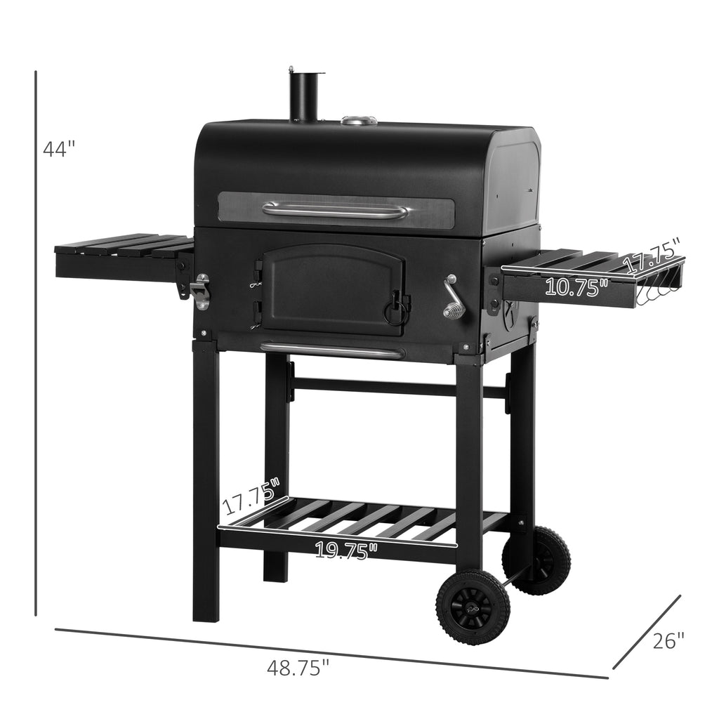 48" Charcoal BBQ Grill and Smoker Combo with Adjustable Height, Portable, Folding Shelves, Thermometer, Bottle Opener, and Wheels
