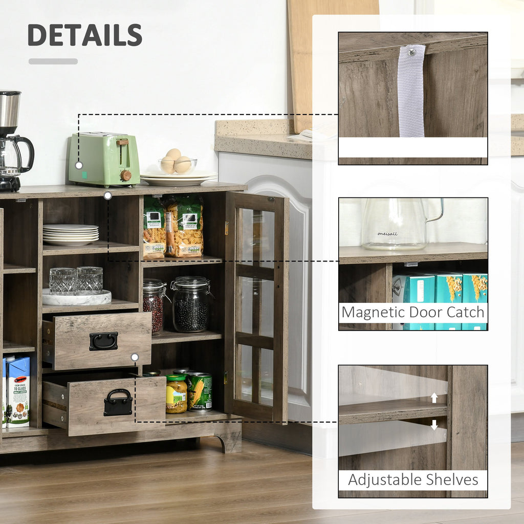 Kitchen Sideboard, Glass Door Buffet Cabinet, Server Cupboard with Storage Drawers & Adjustable Shelves for Living Room, Grey