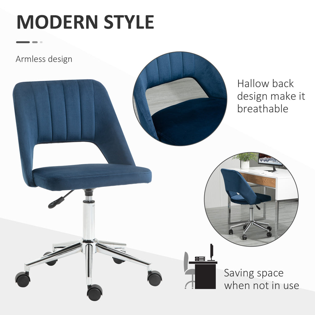 Modern Mid Back Office Chair with Velvet Fabric, Swivel Computer Armless Desk Chair with Hollow Back Design for Home Office, Blue