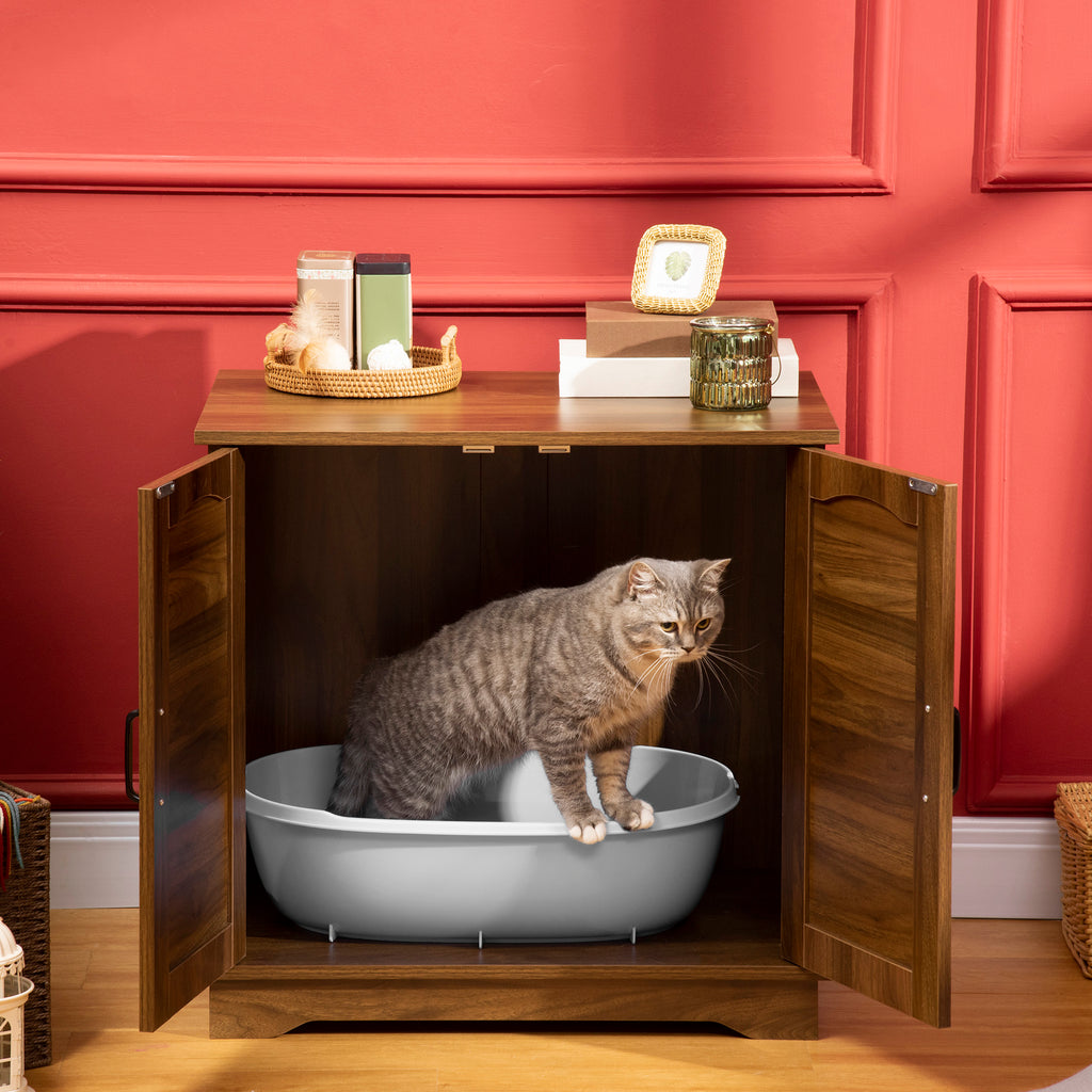 Hidden Litter Box Enclosure Cat Washroom Furniture with Cushion Double Doors Wooden Pet House End Table, Walnut