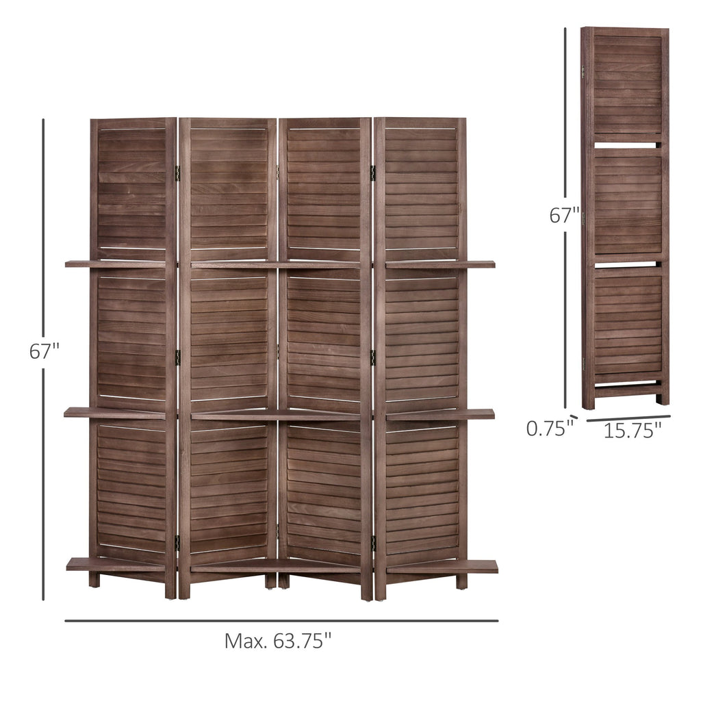 4 Panel Folding Room Divider, 5.5ft Freestanding Paulownia Wood Wall Divider Panel with Storage Shelves for Bedroom or Office, Walnut Wood