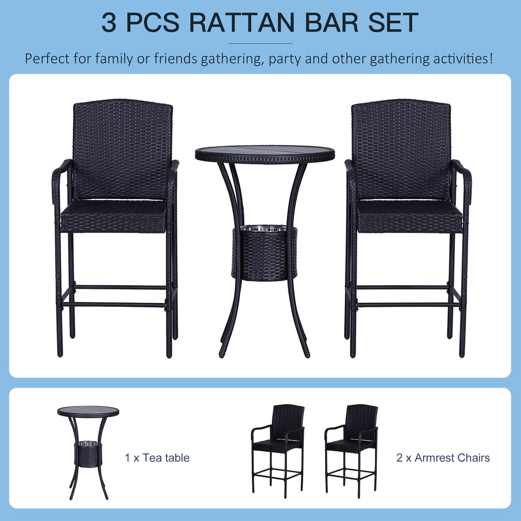 Rattan Wicker Bar Set for 3 PCS with Ice Buckets, Patio Furniture with 1 Bar Table and 2 Bar Stools for Poolside, Backyard, Porches