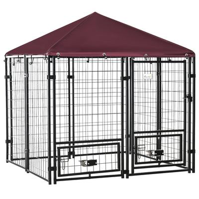 Indoor/Outdoor Metal Dog Kennel, Dog House with Lock, Weather Resistant Canopy and 2 Bowl Holders and Bowls, 4.6' x 4.6' x 5', Black / Red