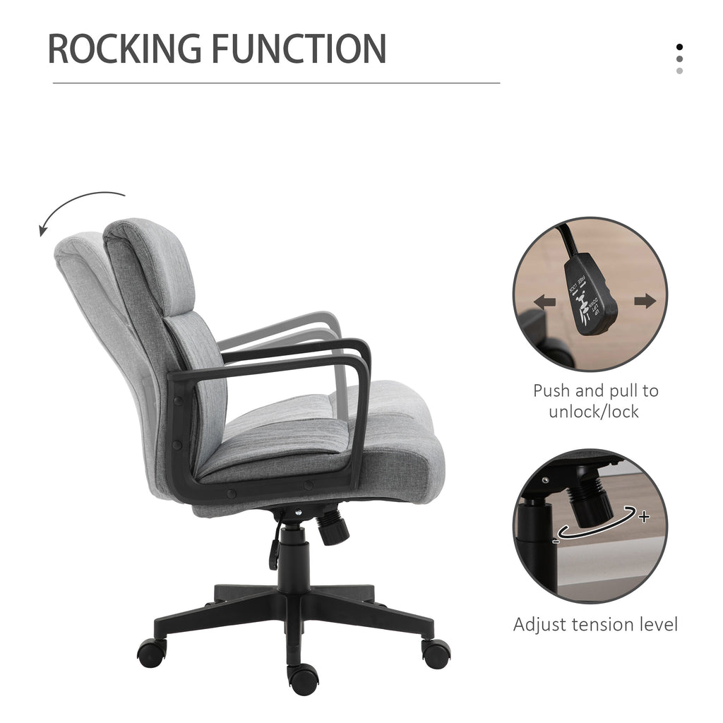 Mid Back Office Chair Height Adjustable Linen Fabric Task Chair with Ergonomic Line Wide Seat, Thick Padding, and 360Â° Swivel Wheels