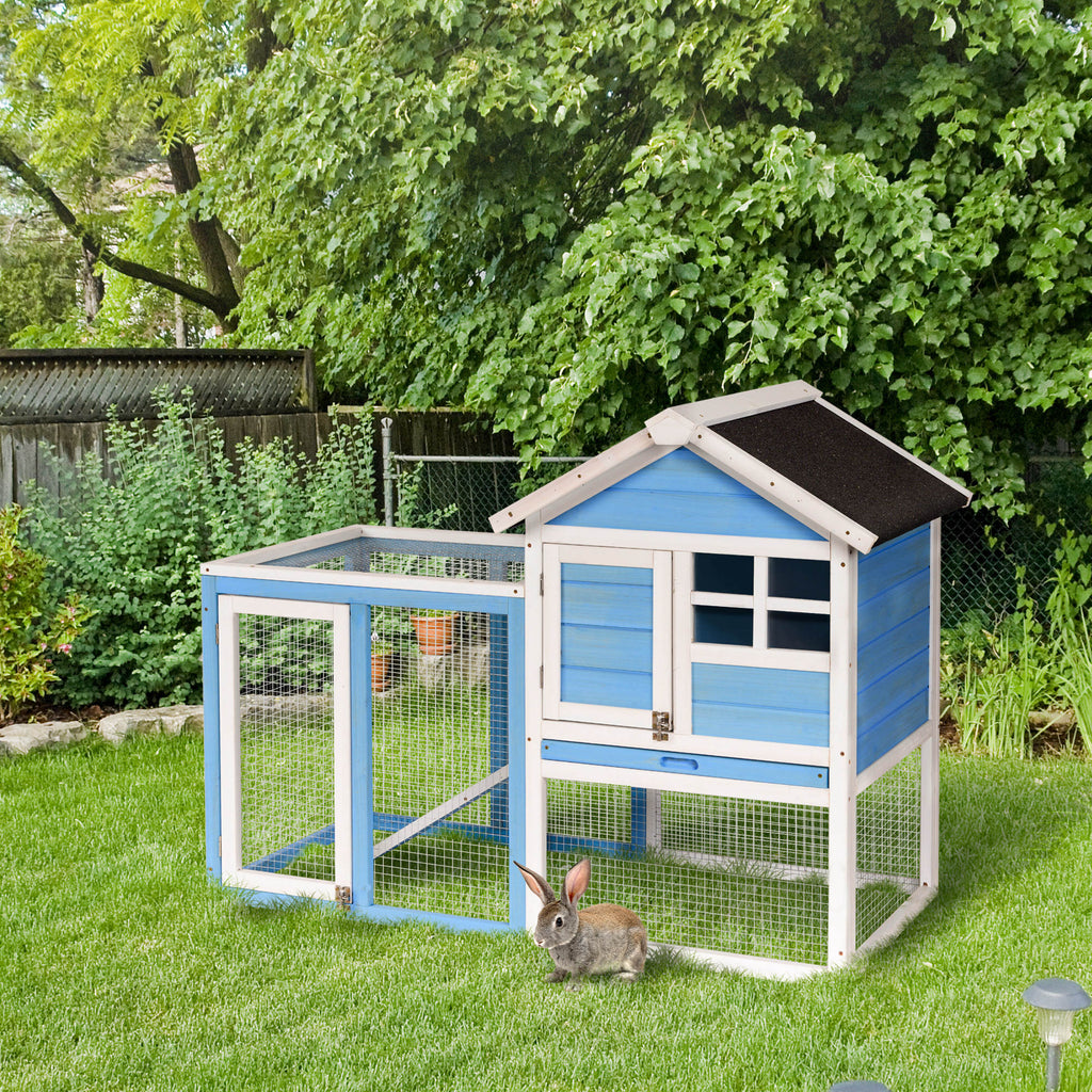 48" Wooden Rabbit Hutch Bunny Cage with Waterproof Asphalt Roof, Fun Outdoor Run, Removable Tray and Ramp, Light Blue