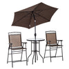 4 Piece Patio Bar Set for 2 with 6' Adjustable Tilt Umbrella, Outdoor Bistro Set with Folding Chairs & Glass Round Dining Table, Brown