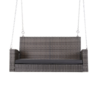 2-Person Wicker Hanging Porch Swing Bench, Front Porch Swing Outdoor Chair with Cushions 550lbs Weight Capacity for Backyard, Garden, Grey