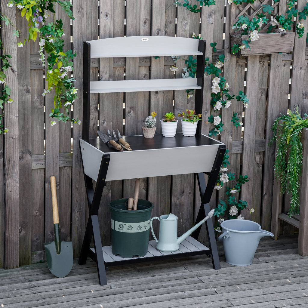 Potting Bench Table, Garden Work Bench, Workstation with Hidden Storage Box, Top Shelf and Lower Shelf