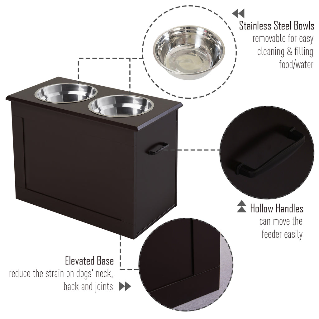 Raised Pet Feeding Storage Station with 2 Stainless Steel Bowls Base for Large Dogs and Other Large Pets, Dark Brown