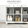 Modern Sideboard Buffet with Rubberwood Top, Buffet Cabinet with 3 Drawers, 3 Cabinets and Adjustable Shelves for Kitchen, Buffet Table, White