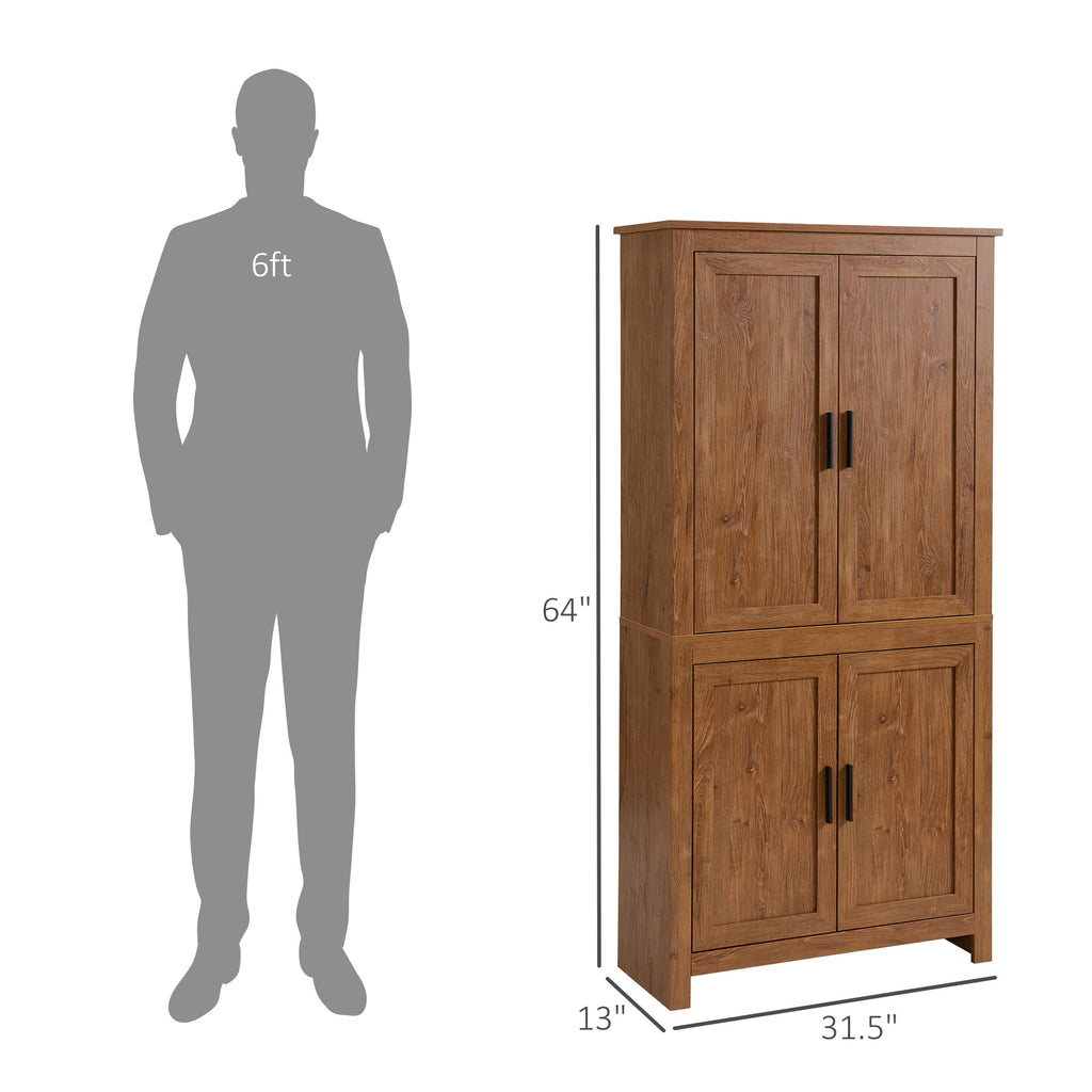 64" 4-Door Kitchen Pantry, Freestanding Storage Cabinet with 3 Adjustable Shelves for Kitchen, Dining or Living Room, Brown