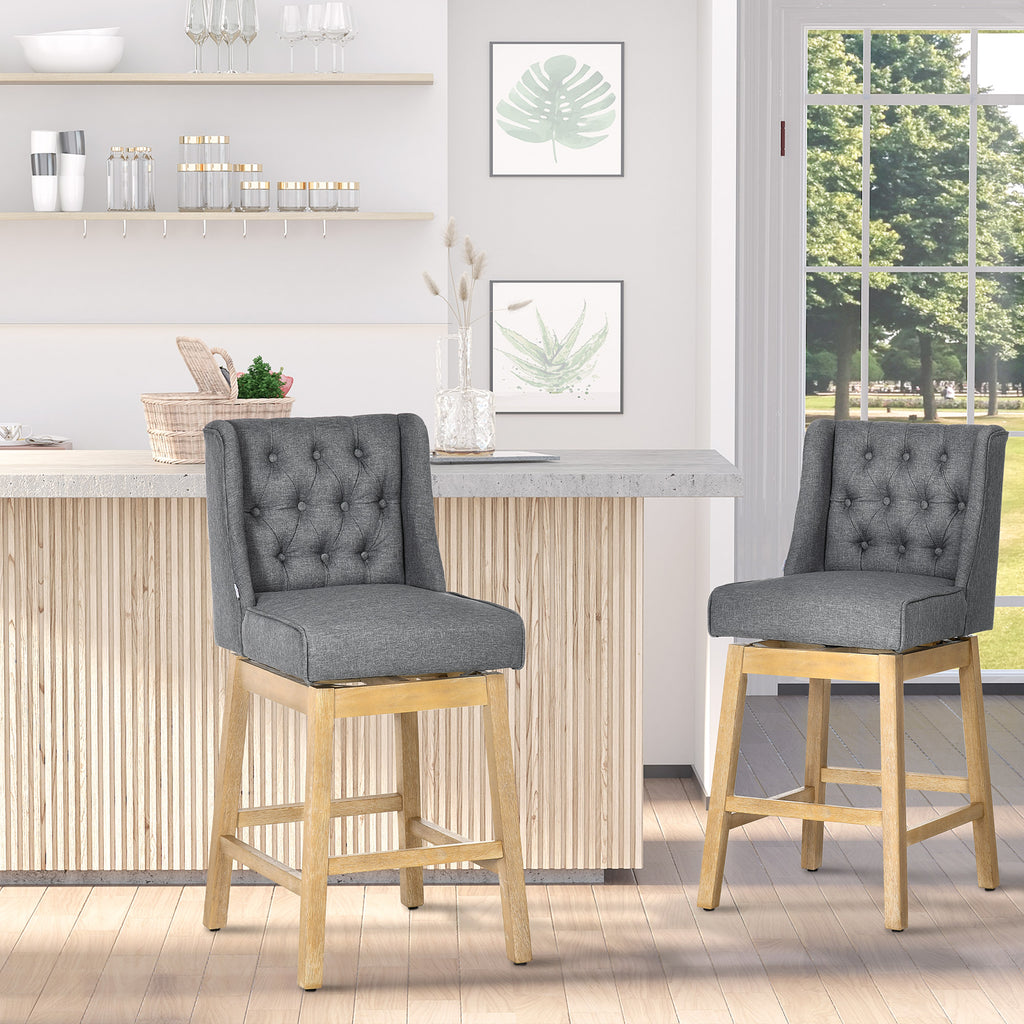 Bar Height Bar Stools Set of 2, 180 Degree Swivel Kitchen Island Stool, 28" Seat Height with Solid Wood Footrests, Button Tufted Design, Grey