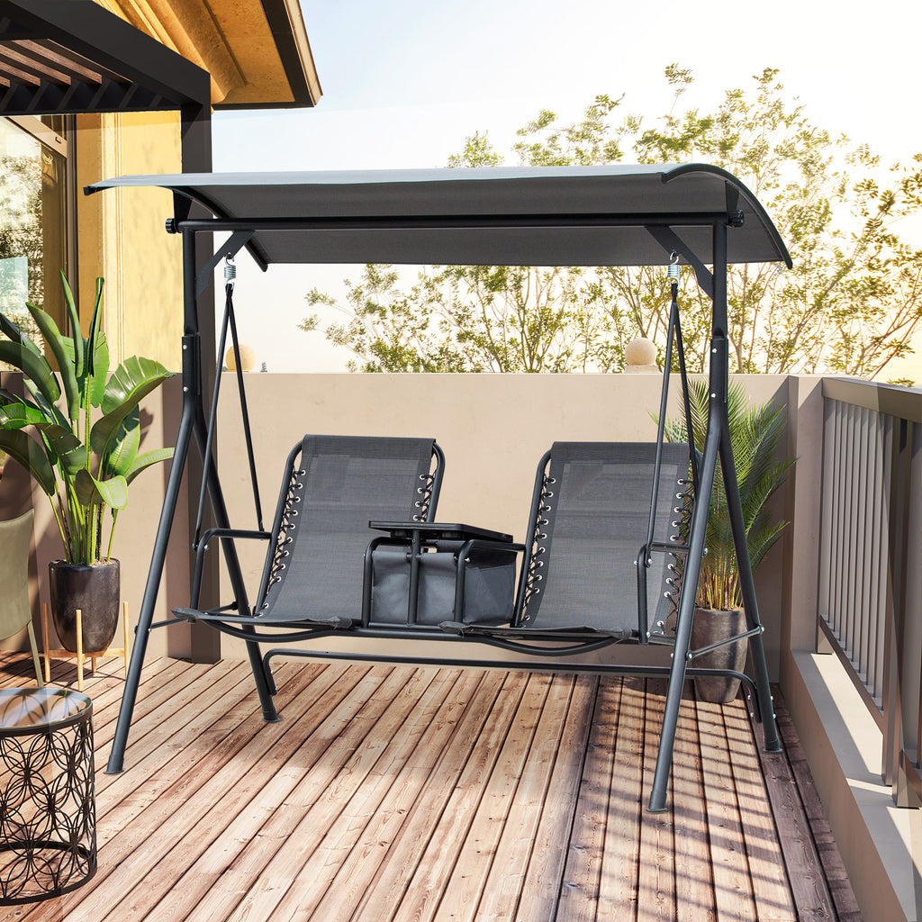 2 Person Porch Swing with Canopy, Covered Patio Swing with Pivot Storage Table, Cup Holder, & Adjustable Overhead Canopy, Grey