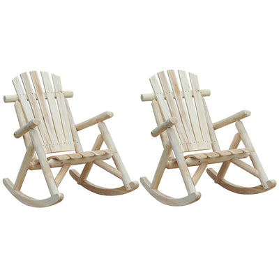 2 Piece Wooden Adirondack Rocking Chair Set, Outdoor Rustic Log Rocker with Slatted Design for Patio, Burlywood