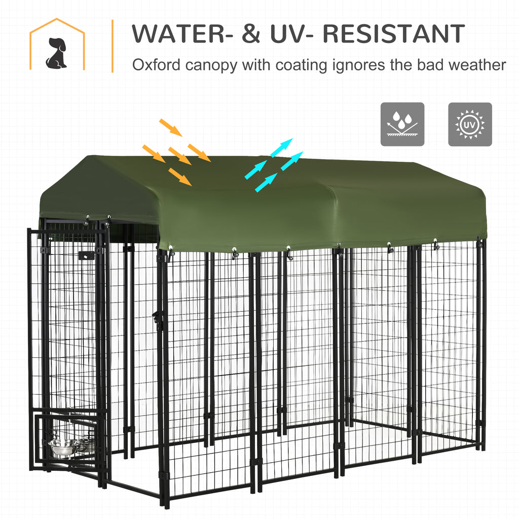 Outdoor Dog Kennel, Lockable Pet Playpen Crate, Welded Wire Steel Fence, with Water-, UV-Resistant Canopy, Rotating Bowl Holders, Door