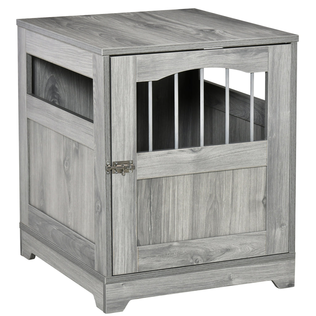 Furniture Stylish Dog Kennel, Wooden & Wire End Table with Cushion & Lockable Door, Miniature Size Pet Crate Indoor Puppy Cage, Grey