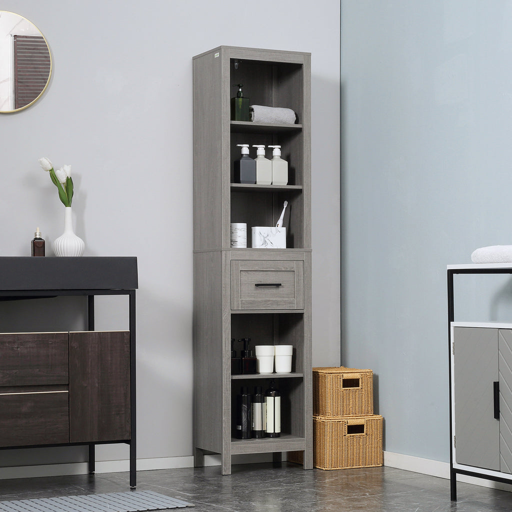 Narrow Bathroom Storage Cabinet with Drawer and 5 Tier Shelf, Tall Cupboard Freestanding Linen Towel, Slim Corner Organizer, Grey