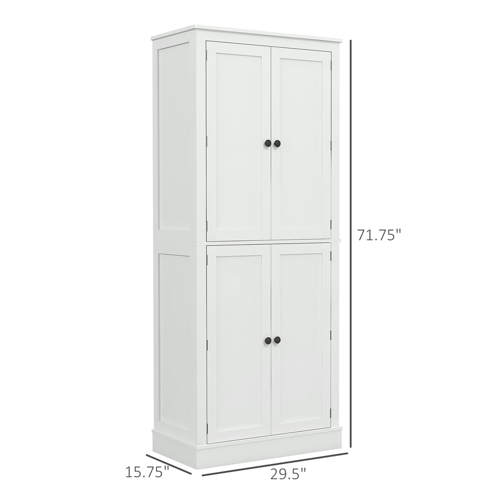 72" Kitchen Pantry, Modern 4-Door Kitchen Storage Cabinet with Inside Drawer, Hanging Door Shelves, 5-tier Shelving and Adjustable Shelf, White