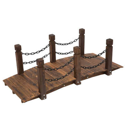 5 ft Wooden Garden Bridge Arc Footbridge with Metal Chain Railings & Solid Fir Construction, Stained Wood