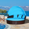 4-piece Cushioned Outdoor Rattan Wicker Round Sunbed or Conversational Sofa Set with Sun Canopy for Lawn Garden Backyard Poolside, Blue