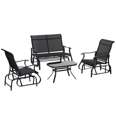 4 Pieces Patio Furniture Set, Outdoor Conversation Set with 2-Person Glider, Single Sling Chair and Glass Coffee Table for Lawn, Black