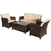 4-piece Outdoor Patio Rattan Furniture Set with 2 Chairs  1 Double Couch  & a Coffee Table & Cushions  Brown