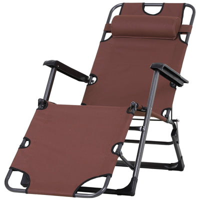 Folding Lounger Chair Metal Frame Outdoor Pool Sun Lounger Curved Reclining Chair 120Â° / 180Â° W/ Head Pillow Brown