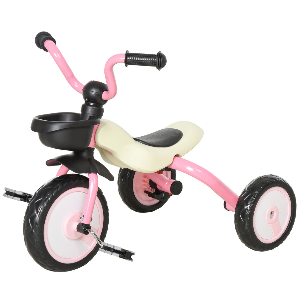 Foldable Kids Ride on Bike Tricycle with a Timeless Classic Color Design & a Front Basket for Storage - Pink
