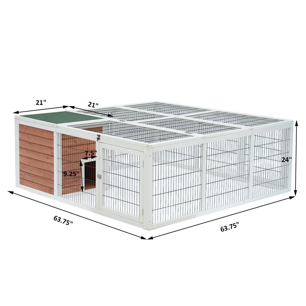Wooden Outdoor Rabbit Hutch Small Animal Cages Brown and White 64" Fir Wood with Run and Mesh Cover