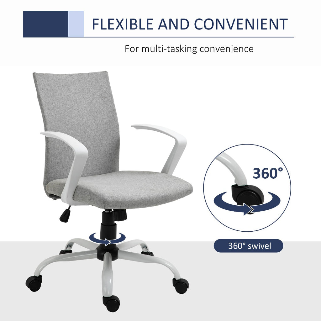 Mid Back Home Office Chair with Adjustable Height, Computer Chair with High Armrests and Rocking Function, Light Grey/White