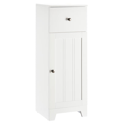 Small Bathroom Floor Storage Cabinet Free Standing Cupboard Organizer with 1 Drawer and Adjustable Shelf for Living Room, White
