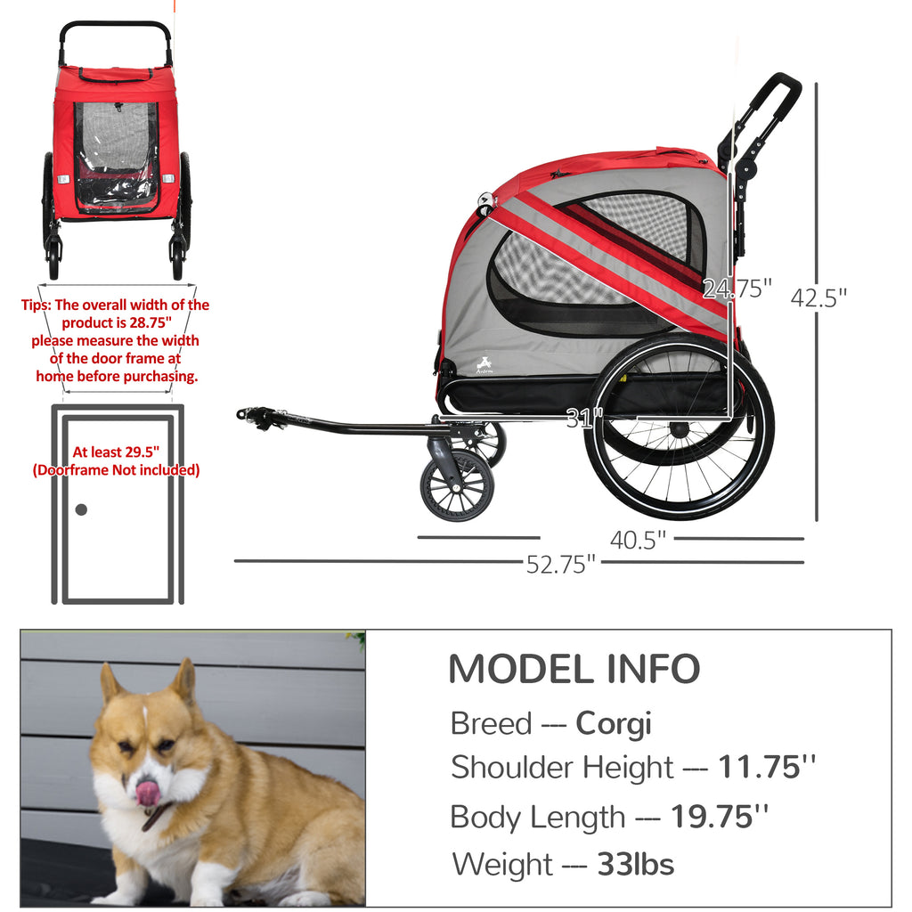 Dog Bike Trailer 2-in-1 Pet Stroller Cart Bicycle Wagon Cargo Carrier Attachment for Travel with Universal Wheel Reflectors Flag Red
