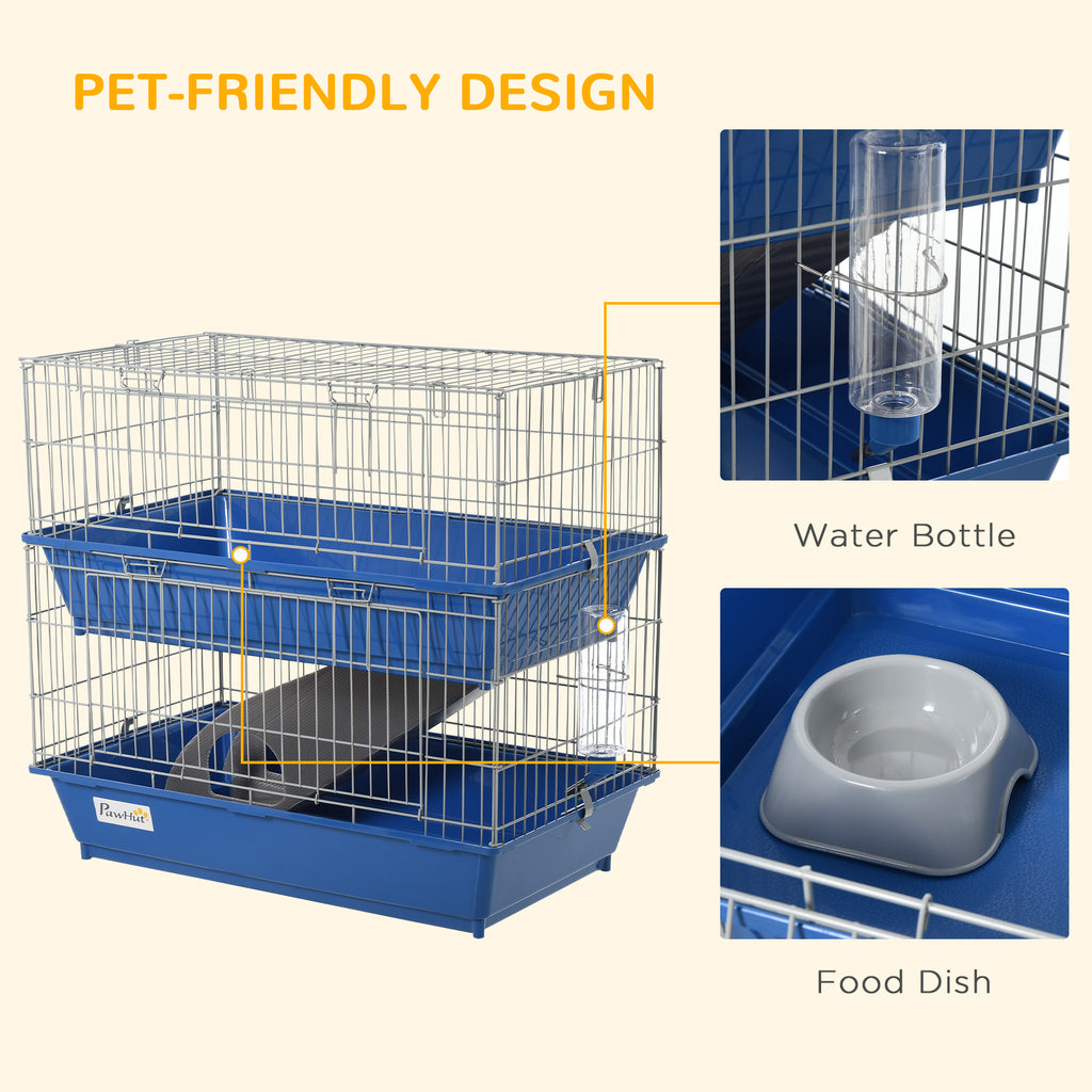 2-Tier 27" Steel Plastic Small Animal Cage Pet Rabbit Hutch Enclosure Pet Play House With 2 Doors, Platform, Ramp, Dish and Bottle, Blue