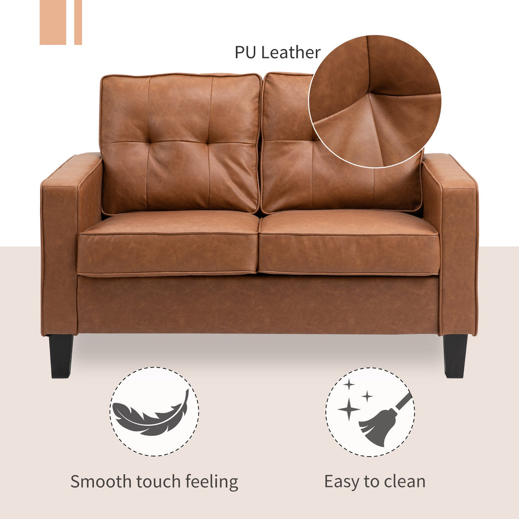 Double Sofa with Armrest 2-Seater Tufted PU Leather Loveseat Pocket Spring Sponge Padded Cushion - Brown