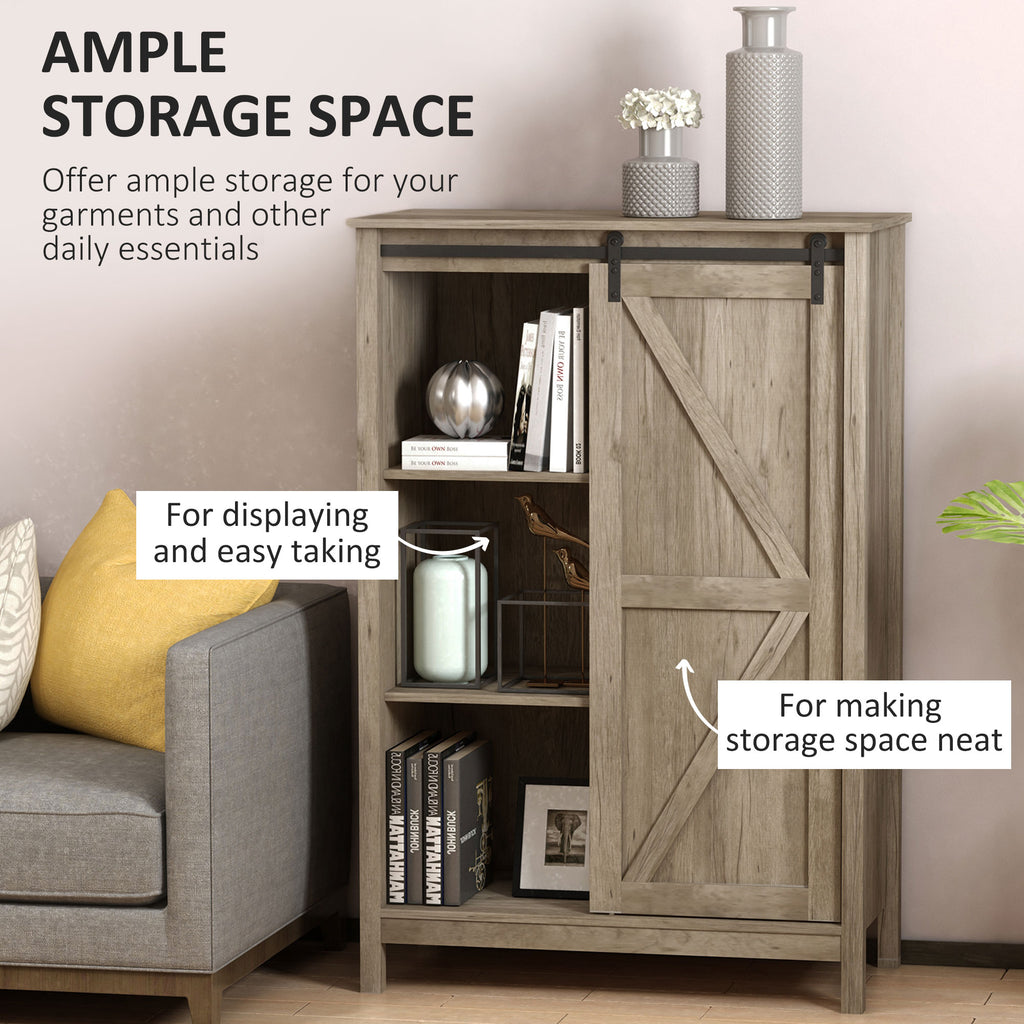 Rustic Storage Cabinet Home 3-Tier Organizer with Barn Door  Adjustable Shelf Freestanding Furniture  Vintage Grey Wood Color